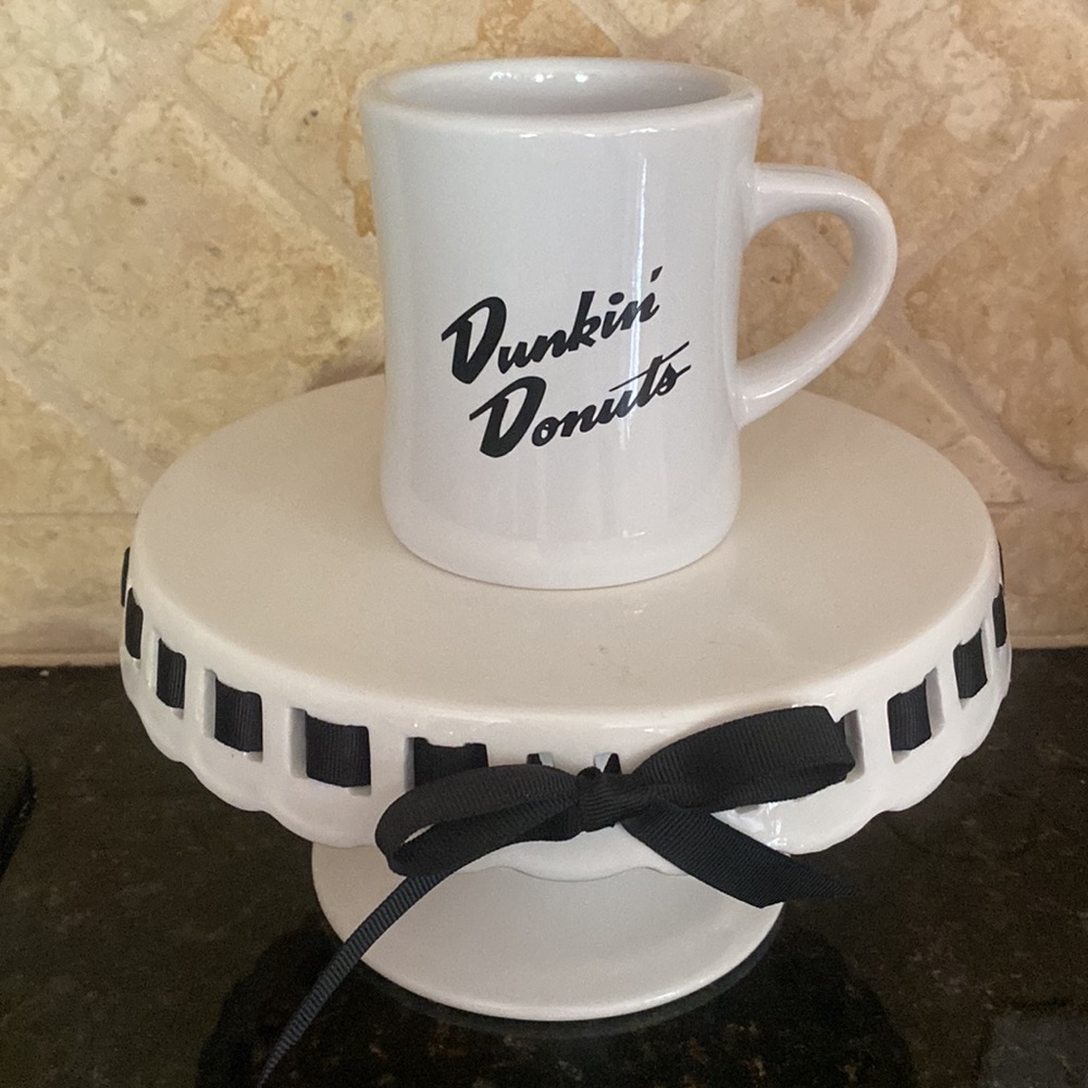 Dunkin’ Donuts 8-fl oz white coffee mug, classic black lettering, brand new NWOT